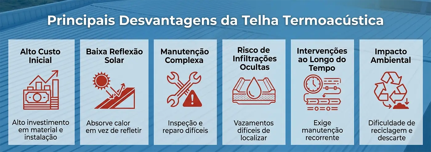 Infográfico mostrando as principais desvantagens da telha termoacústica em coberturas industriais, incluindo custo elevado, baixa reflexão solar e dificuldade de manutenção.